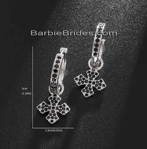 Paved 14K White Gold Plated Black Cubic Zirconia Men Women Cross Dangle Earrings